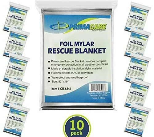 51sVpkXpxDL 500x445 - Primacare HB-10 Emergency Foil Mylar Thermal Blanket (Pack of 10), 52" Length x 84" Width